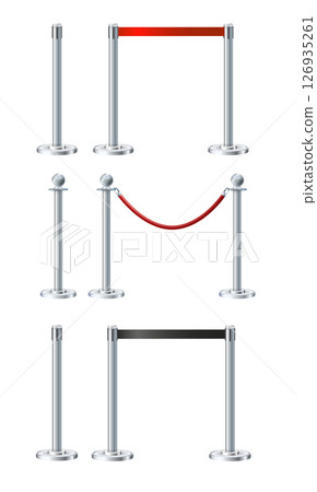 Retractable belt rack. Portable tape barrier. Red tape for fencing. Red carpet with red ropes on silver supports. Exclusive event, movie premiere, gala concert, awards ceremony. 126935261