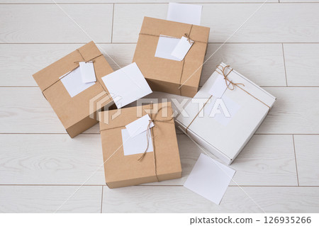Many boxes with space for advertisement delivered from online store. Internet shopping and delivery concept. Mockup 126935266
