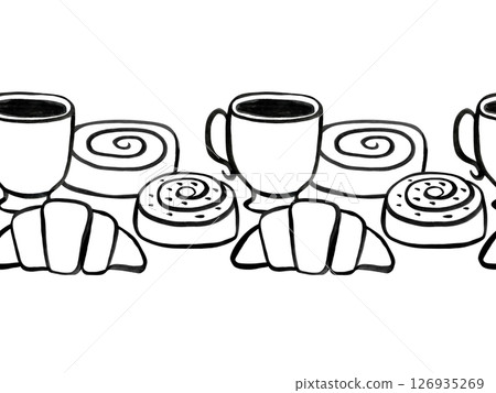 Elegant endless border, croissants and buns and coffee cups suitable for various fabrics and backgrounds, ideal for many purposes, seamless watercolor background. 126935269