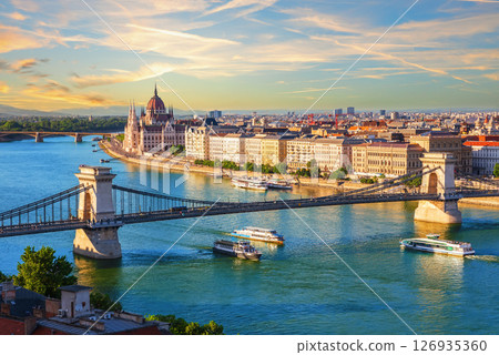 Famous Szechenyi Chain Bridge, symbol of Budapest, Hungary, summer sunset view 126935360