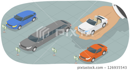 3D Isometric Flat Illustration of Car Dealership , Selecting And Purchasing A New Vehicle With Care And Consideration 3D Isometric Flat Illustration of Car Dealership , Selecting And Purchasing A New Vehicle With Care And Consideration 126935543