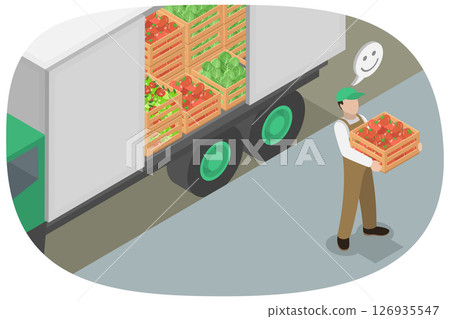 3D Isometric Flat  Illustration of Farmers Delivery , Fresh Farm Produce Items 126935547