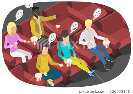 3D Isometric Flat  Illustration of Watching Movie, Happy People Enjoying Movie At Cinema With Popcorn 126935548