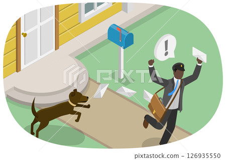 3D Isometric Flat  Illustration of Frightened Postal Worker , Mailman Fleeing Furious Security Dog 126935550