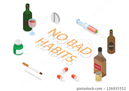 3D Isometric Flat  Illustration of Stop Bad Habits, No Drugs, Alcohol, And Cigarettes 126935552