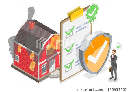 3D Isometric Flat  Illustration of Fire Property Insurance, Damage Coverage, Accident Policy 126935562