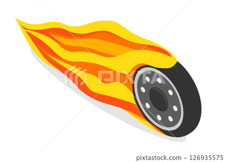 3D Isometric Flat  Illustration of Fast Car Wheel, Burning Rubber, A Tire On Fire 126935575