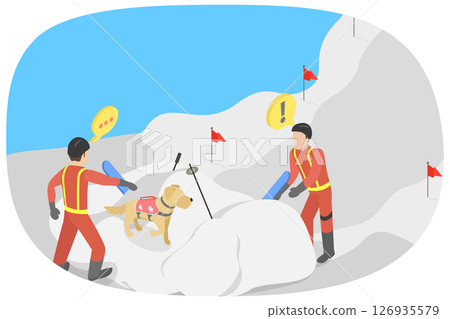 3D Isometric Flat Illustration of Avalanche Rescue, Lifesavers Digging a Person out of Snow 3D Isometric Flat Illustration of Avalanche Rescue, Lifesavers Digging a Person out of Snow 126935579