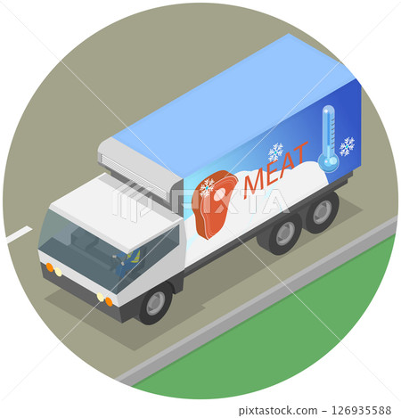 3D Isometric Flat Illustration of Cargo Truck, Refrigerated Meat Transport, Ensuring Safe Food Distribution 3D Isometric Flat Illustration of Cargo Truck, Refrigerated Meat Transport, Ensuring Safe Food Distribution 126935588