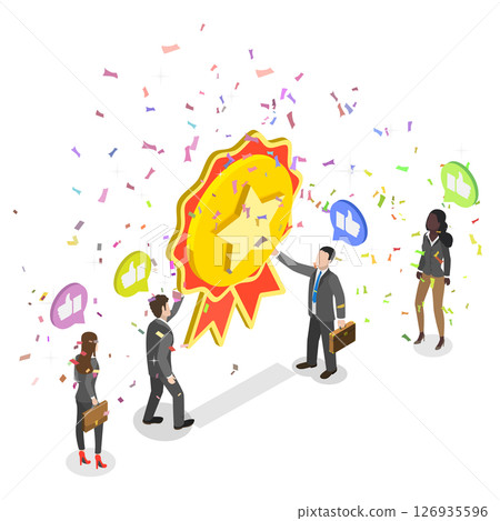 3D Isometric Flat  Illustration of Good Successful Teamwork, Employees Celebrate Best Quality Service Achievement 126935596