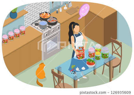 3D Isometric Flat  Illustration of Preserving Vegetables, Homemade Canned Food 126935609