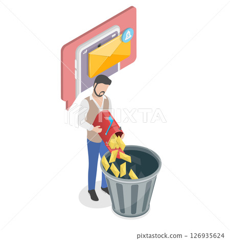 3D Isometric Flat  Illustration of Deleting Spam, Spam And Unnecessary Emails Disposal 126935624