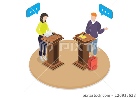 3D Isometric Flat  Illustration of Student Debates, Teaching Communication And Persuasion Techniques 126935628