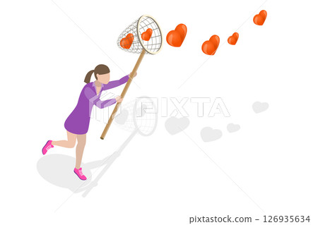 3D Isometric Flat Illustration of Chasing For Love, In Search Of Love And Romance Ideals 3D Isometric Flat Illustration of Chasing For Love, In Search Of Love And Romance Ideals 126935634