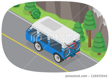 3D Isometric Flat Illustration of Car Summer Traveling, Mountain Road Trip 3D Isometric Flat Illustration of Car Summer Traveling, Mountain Road Trip 126935642
