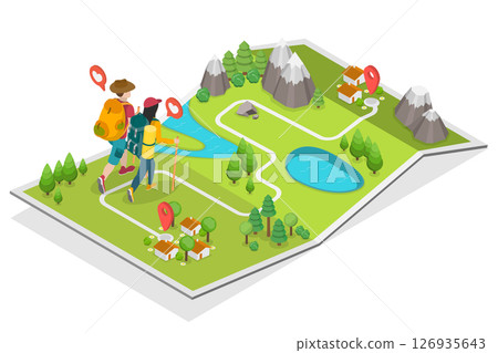 3D Isometric Flat  Illustration of Hiking Map, Hikers Exploring The Great Outdoors 126935643