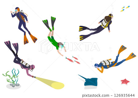 3D Isometric Flat  Set of Scuba Divers, Marine Exploring People 126935644