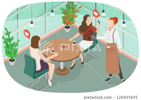 3D Isometric Flat  Illustration of Lunch With Friend , A Person Paying For Meal In A Restaurant Using Credit Card 126935645
