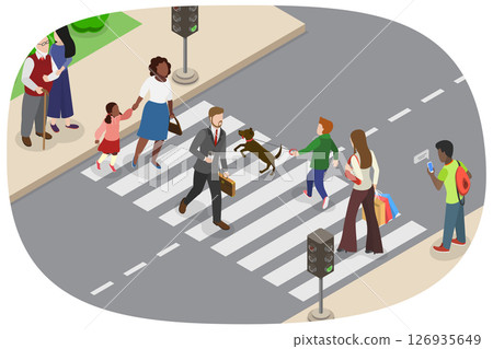 3D Isometric Flat  Illustration of Zebra Crosswalk, Pedestrians Safely Navigate City Streets Using Traffic Signals 126935649
