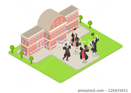 3D Isometric Flat  Illustration of Happy Students, Graduation Ceremony In The Campus Park. 126935651