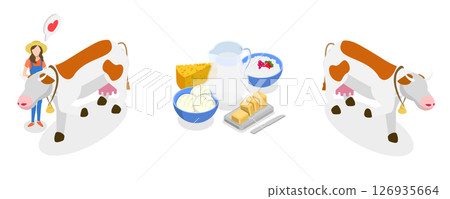 3D Isometric Flat  Illustration of Dairy Farm, Milk Products 126935664