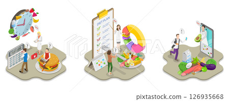 3D Isometric Flat  Illustration of Diet Plan, Promoting Healthy Eating 126935668