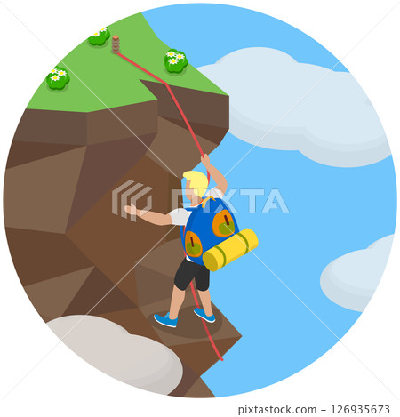 3D Isometric Flat  Illustration of Mountaineering, Scaling A Steep Rock Face 126935673