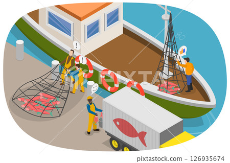 3D Isometric Flat  Illustration of Commercial Fishing Industry, Net Fishery Ship 126935674