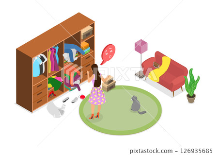 3D Isometric Flat Illustration of Chaos In Open Closet, Messy Clothes in Wardrobe 3D Isometric Flat Illustration of Chaos In Open Closet, Messy Clothes in Wardrobe 126935685