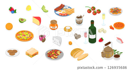 3D Isometric Flat Illustration of Wine And Cheese Collection, French Cuisine 3D Isometric Flat Illustration of Wine And Cheese Collection, French Cuisine 126935686