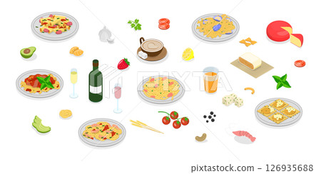 3D Isometric Flat  Illustration of Pasta And Wine Collection, Italian Cuisine 126935688