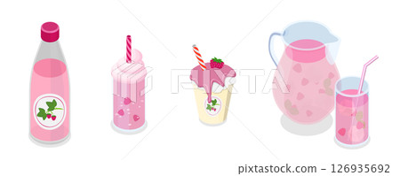 3D Isometric Flat  Set of Refreshing Drinks, Strawberry Drinks In An Elegant Arrangement For Enjoying Alone Or With Friends 126935692