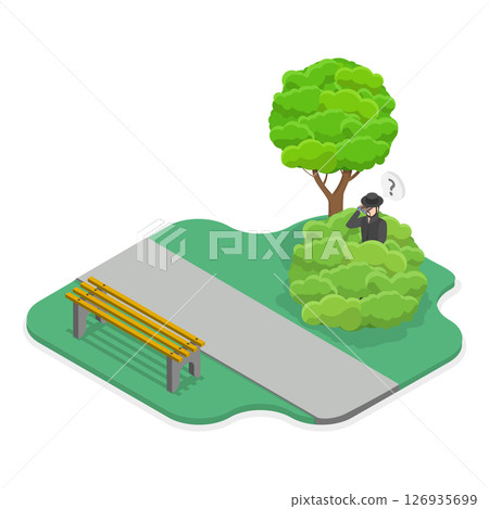 3D Isometric Flat  Illustration of Crime Investigation, Detective In Camouflage Spying With Binoculars 126935699