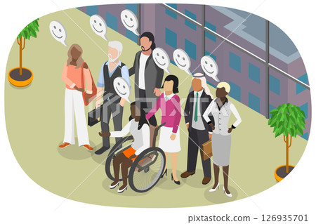 3D Isometric Flat  Illustration of Diverse Coworkers , Joyful Employees Working Together 126935701