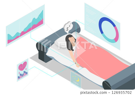3D Isometric Flat Illustration of Sleep Tracker, Analyzing Sleep Quality Using Electronic Device In Bed 3D Isometric Flat Illustration of Sleep Tracker, Analyzing Sleep Quality Using Electronic Device In Bed 126935702