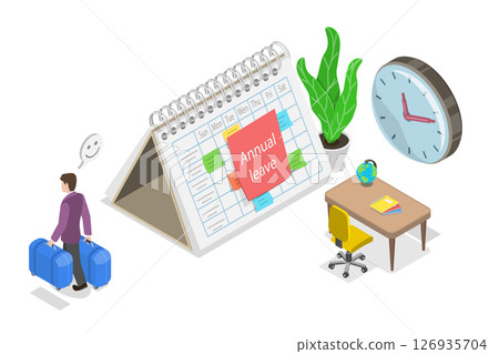 3D Isometric Flat  Illustration of Annual Leave , Joyful Person Carrying Suitcase After Noting Annual Leave On Calendar 126935704