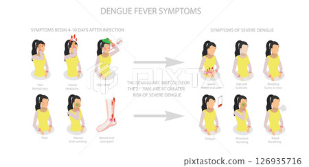 3D Isometric Flat Illustration of Dengue Fever Symptoms, DENV, Prevention and Treatment 3D Isometric Flat Illustration of Dengue Fever Symptoms, DENV, Prevention and Treatment 126935716