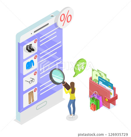 3D Isometric Flat  Illustration of Digital Shopping, Purchasing Products Online Through A Mobile Application 126935729