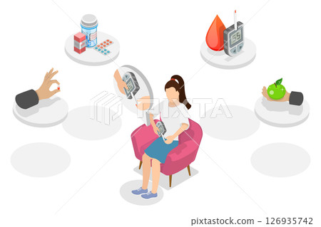 3D Isometric Flat  Illustration of Diabetes, Tracking Glucose Level 126935742