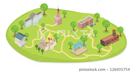3D Isometric Flat  Illustration of City Administrative Buildings, Public Institutions 126935754