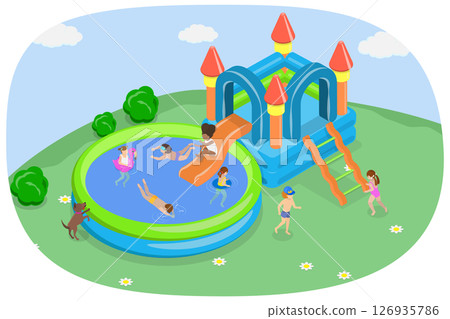 3D Isometric Flat  Illustration of Pool Party Kids, Children Having A Good Leisure Time 126935786