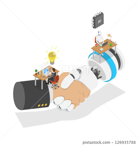 3D Isometric Flat  Illustration of Successful Human and AI Teamwork, Enhancing Work With Robot Assistance And AI Technology For Successful Results 126935788
