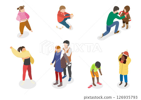 3D Isometric Flat  Set of Children Putting Clothes, Dressing Up 126935793