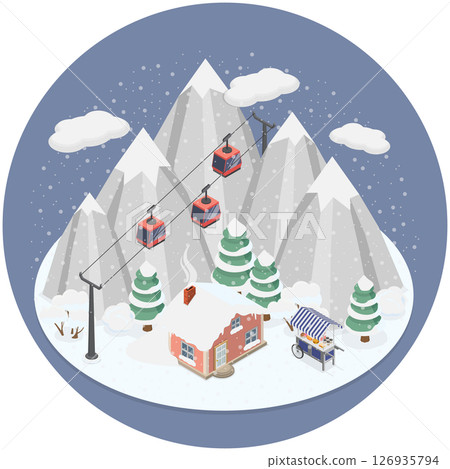 3D Isometric Flat  Illustration of Winter Mountain Resort, Landscape With Chalets And Funicular 126935794
