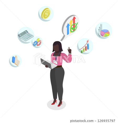 3D Isometric Flat  Illustration of Financial Analyst, Stock Market Trends 126935797