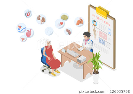 3D Isometric Flat  Illustration of Senior Health Care, Doctor Consulting a Old Patient 126935798