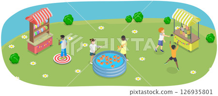 3D Isometric Flat  Illustration of Outdoor School Fair Games, Playground Entertainment 126935801