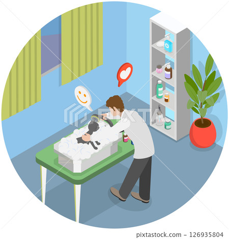 3D Isometric Flat Illustration of Pets Care, Owner Daily Activities 3D Isometric Flat Illustration of Pets Care, Owner Daily Activities 126935804