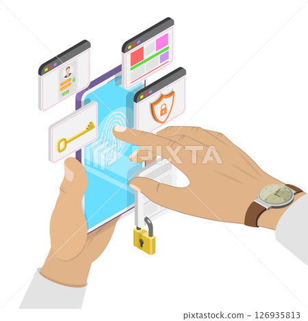3D Isometric Flat Illustration of Online Account Security, Biometric Authentication with Fingerprint Scanning or Facial Recognition 3D Isometric Flat Illustration of Online Account Security, Biometric Authentication with Fingerprint Scanning or Facial Recognition 126935813