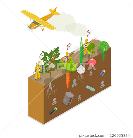 3D Isometric Flat Illustration of Vegetables In Toxic Polluted Soil, Spraying Insecticides And Pesticides 3D Isometric Flat Illustration of Vegetables In Toxic Polluted Soil, Spraying Insecticides And Pesticides 126935824